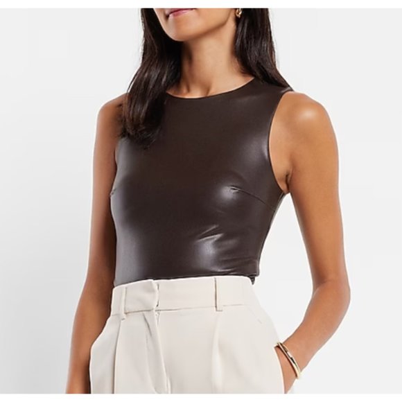 NWT Express Body Contour Faux Leather High Neck Bodysuit - Picture 1 of 7